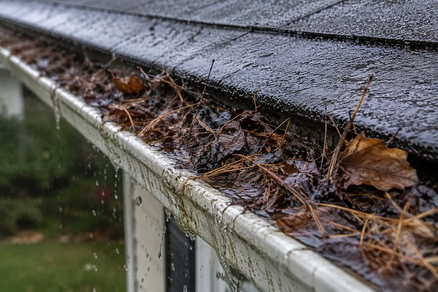 Severely clogged aluminum gutter overflowing with decomposed leaves and organic debris on a Licking County Ohio home causing water to cascade down the siding