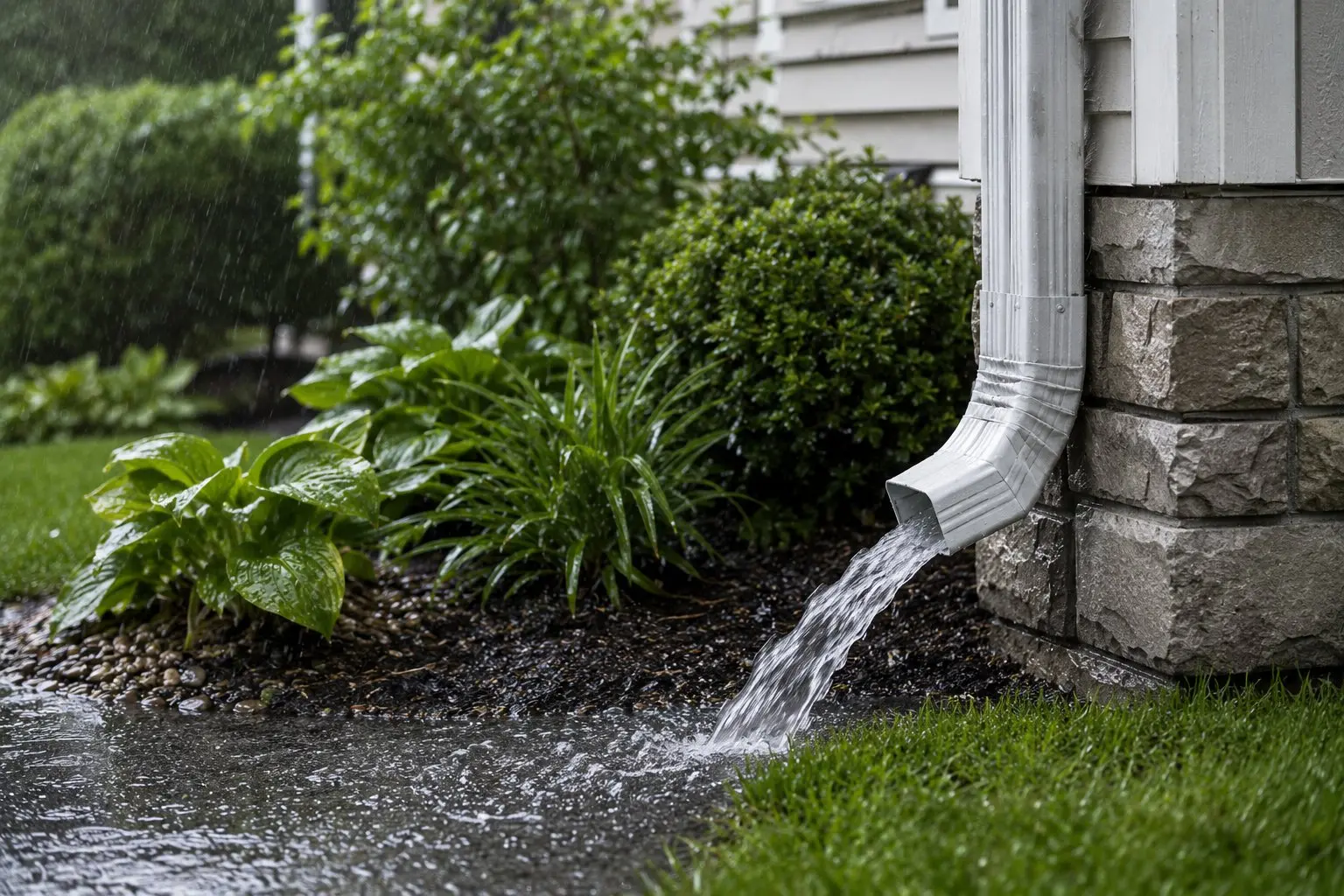 Properly installed aluminum downspout with corrugated extension directing rainwater away from the foundation of a brick colonial home in Licking County Ohio