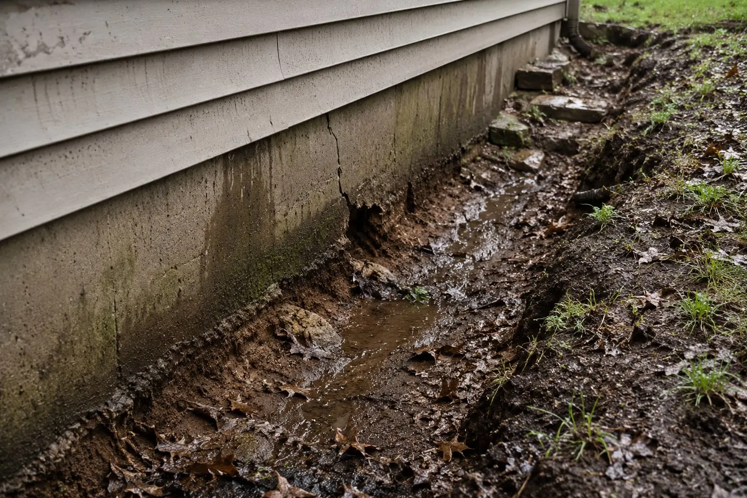 Significant water staining and erosion at the foundation of a Licking County Ohio home caused by missing or failed gutters directing water against the structure