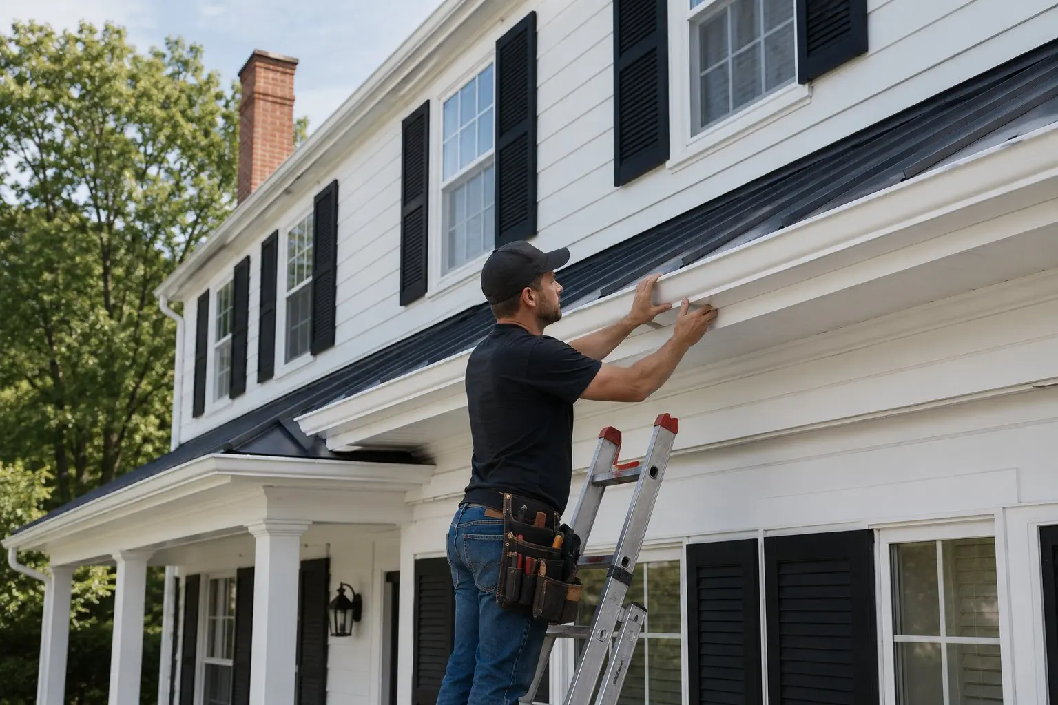 Roofer installing seamless aluminum gutters on a Newark, Ohio colonial home
