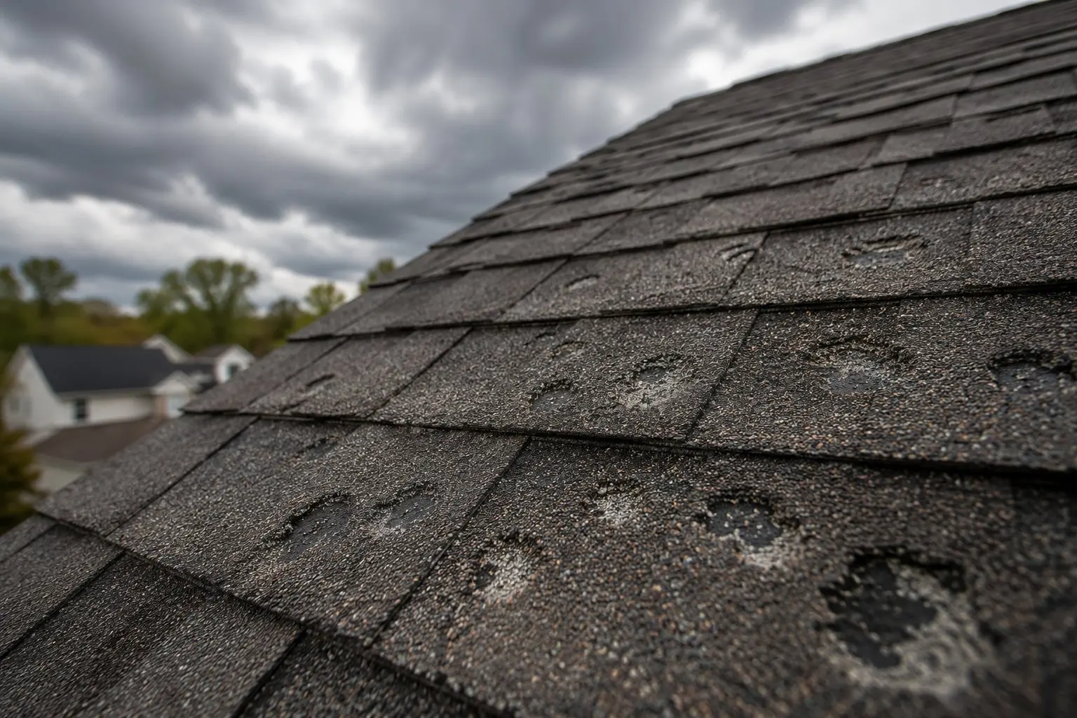 Hail impact points visible on architectural shingles on an Etna Ohio home showing granule displacement from a central Ohio storm
