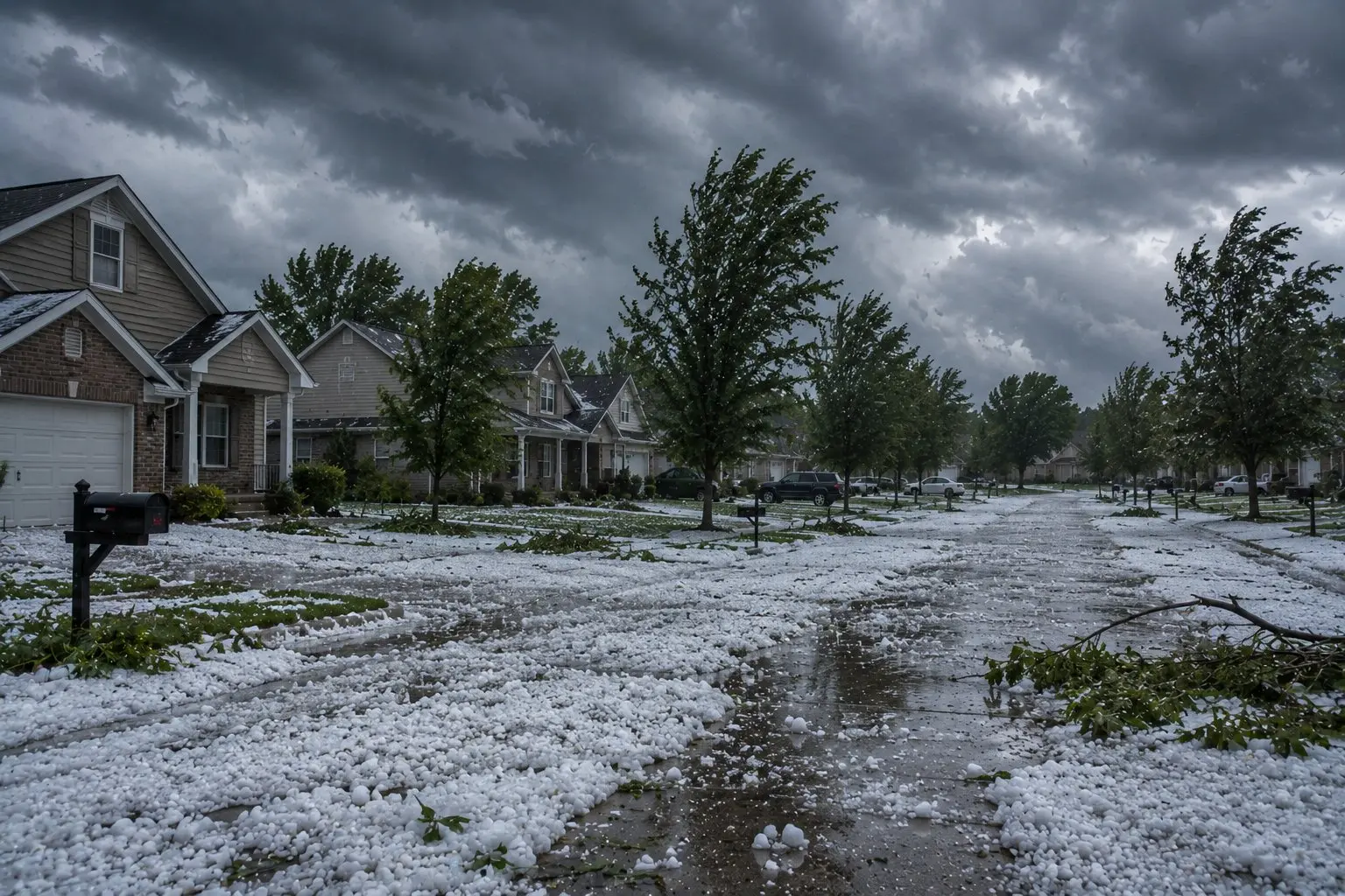 Hail-covered street in a Licking County Ohio neighborhood during a severe summer storm with homes visible in background