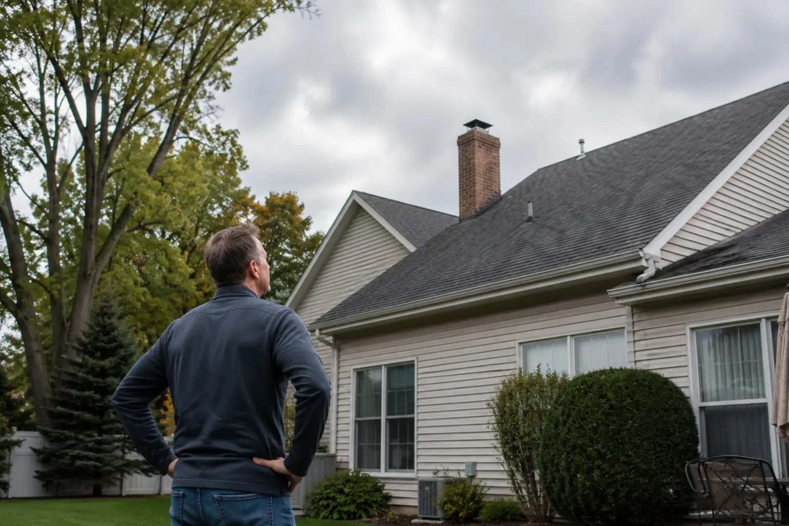 Newark, Ohio homeowner standing in his backyard looking up at his roof with concern after a storm
