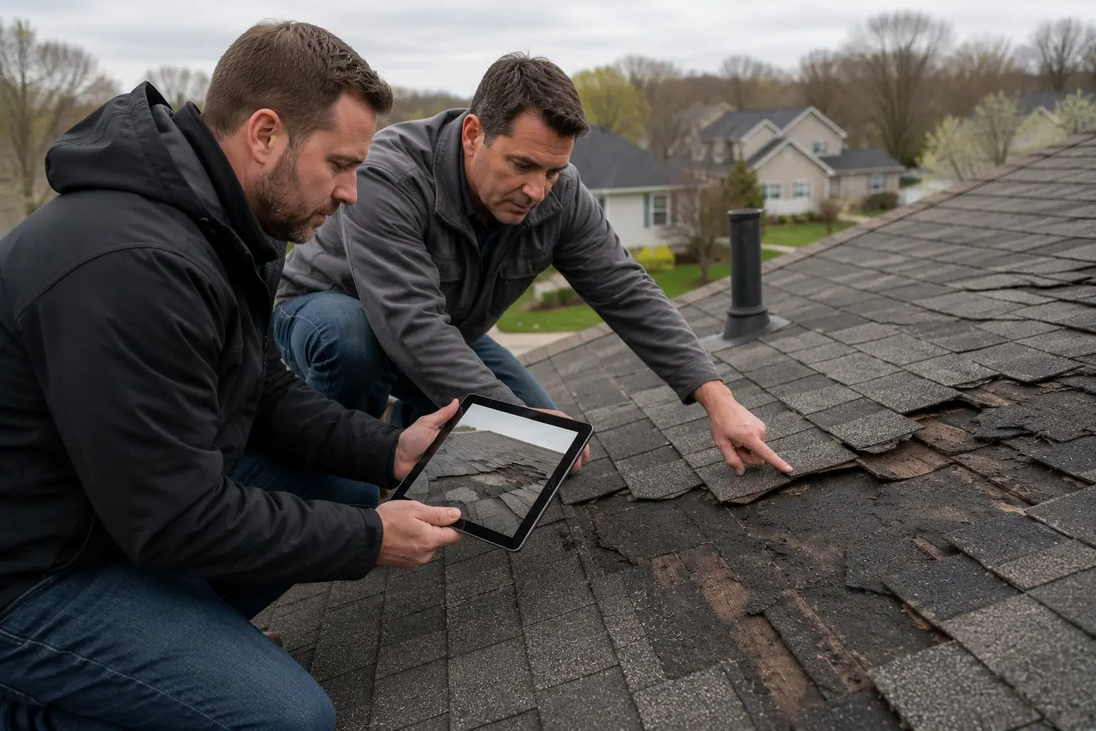 Two professionals reviewing storm damage documentation on a residential rooftop in Licking County Ohio with neighborhood visible in background