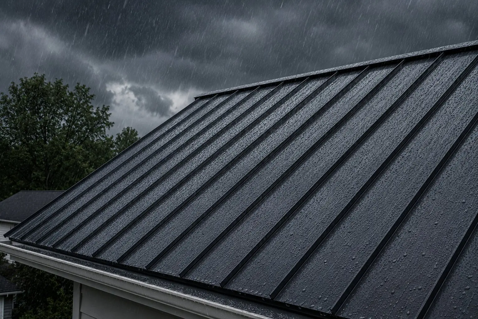 Dark charcoal standing seam metal roof performing perfectly during a heavy Ohio rainstorm with water sheeting cleanly off the surface