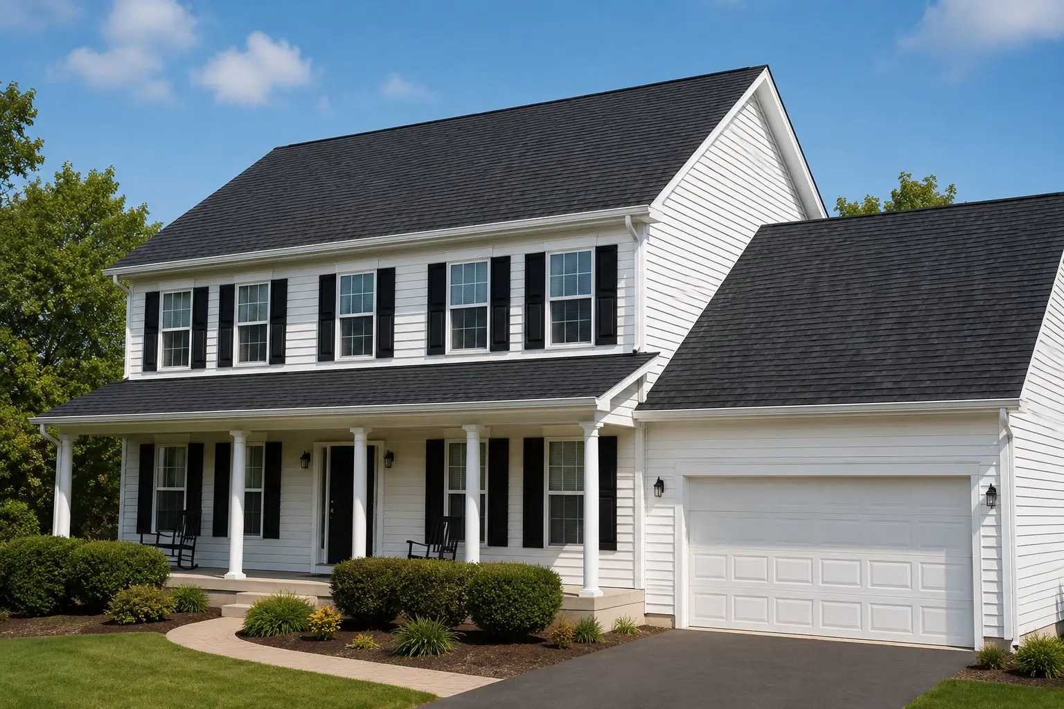 Newly completed dark shingle roof on a white colonial home in Etna Ohio with other new construction homes visible in the developing subdivision