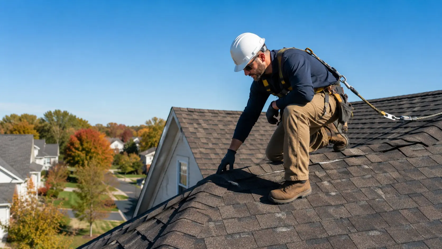 Professional roofer with safety harness and hard hat inspecting an asphalt shingle roof in a Newark, Ohio neighborhood in autumn