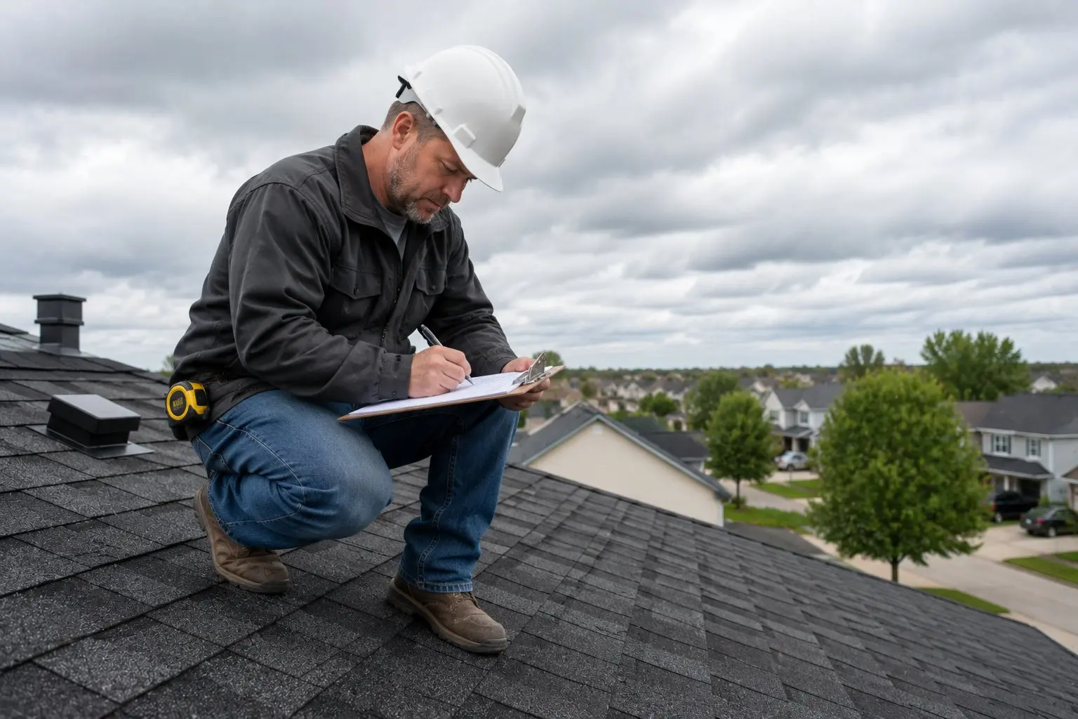 Roof inspector on a residential rooftop in Newark, Ohio writing notes on a clipboard with Licking County neighborhood visible behind him