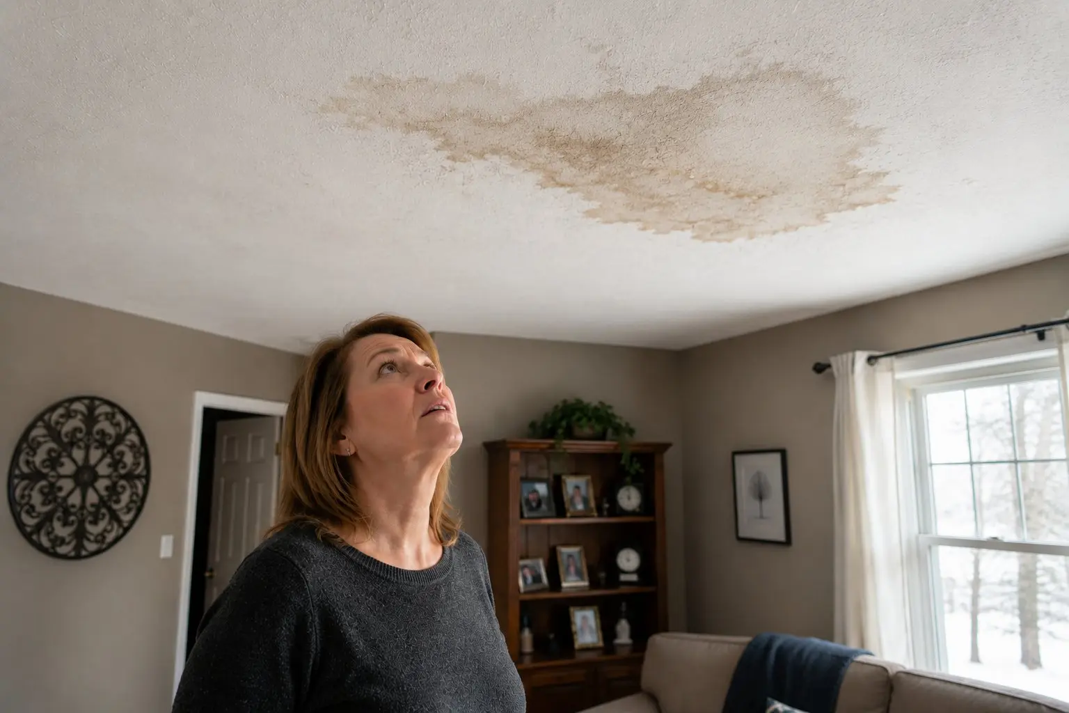 Newark Ohio homeowner looking up with concern at a large water stain on her living room ceiling caused by a roof leak