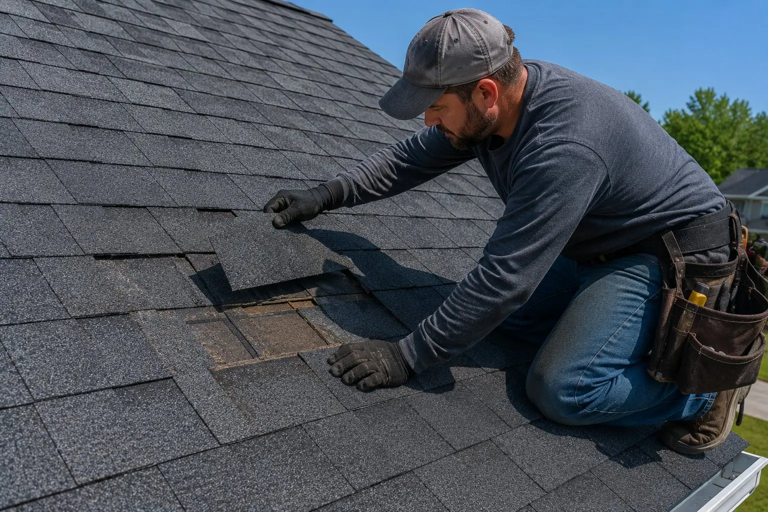 Roofer carefully replacing a damaged section of asphalt shingles on a Licking County, Ohio home