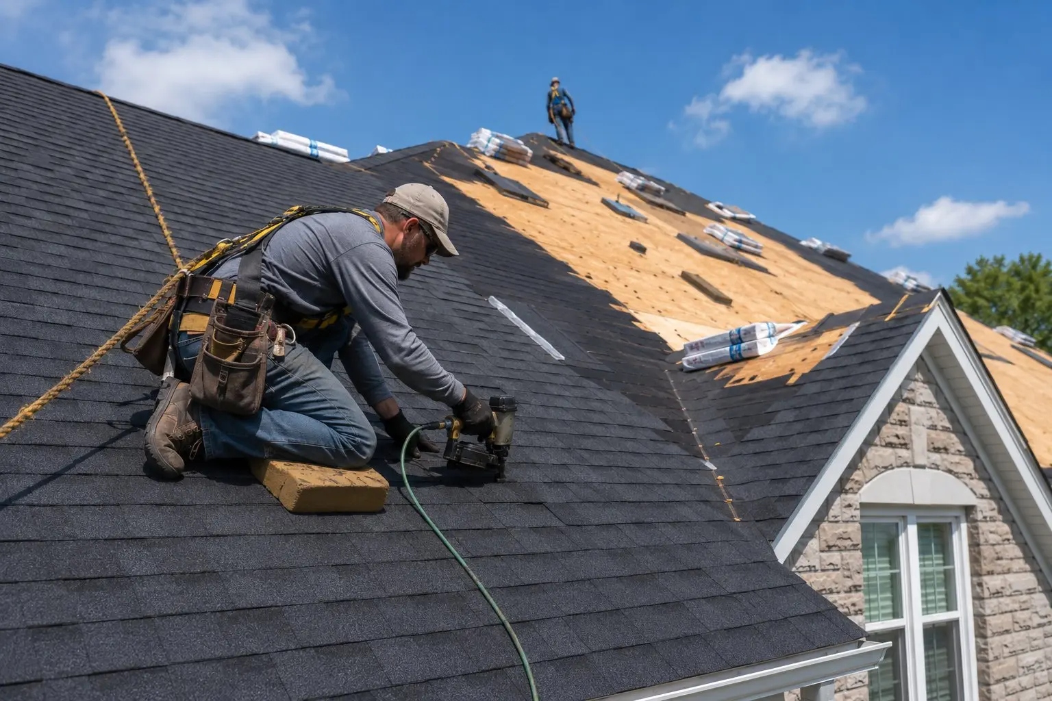 Roofing crew installing new architectural asphalt shingles on a Newark, Ohio home during a full roof replacement