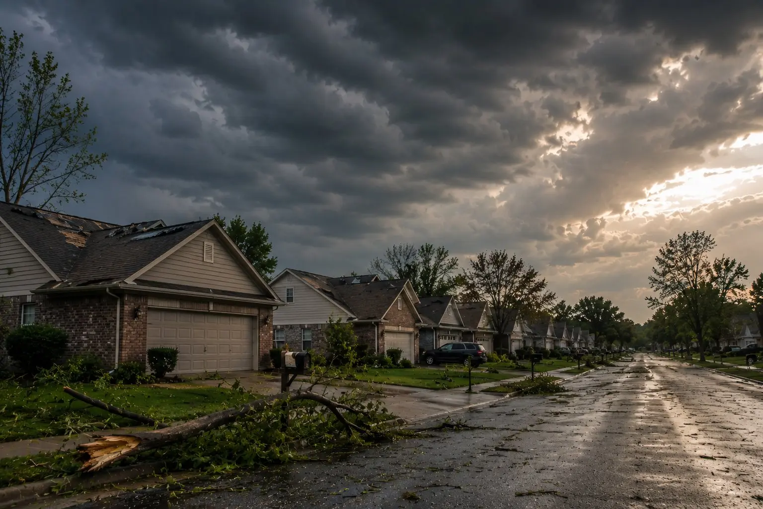 Severe storm damage to homes in a Newark, Ohio neighborhood after a Licking County thunderstorm