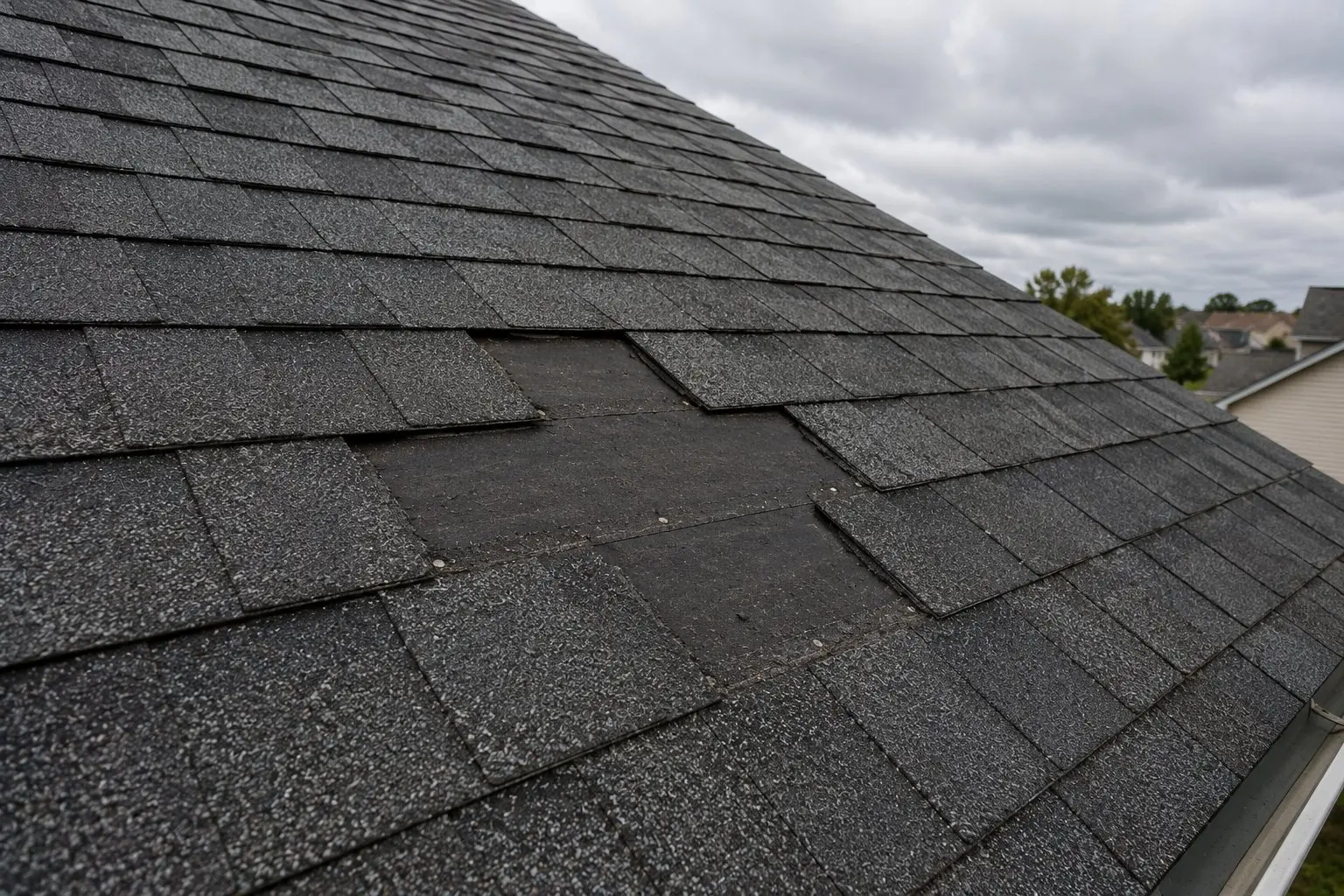 Wind-lifted and missing asphalt shingles on a Pataskala Ohio home showing exposed underlayment after a straight-line wind event